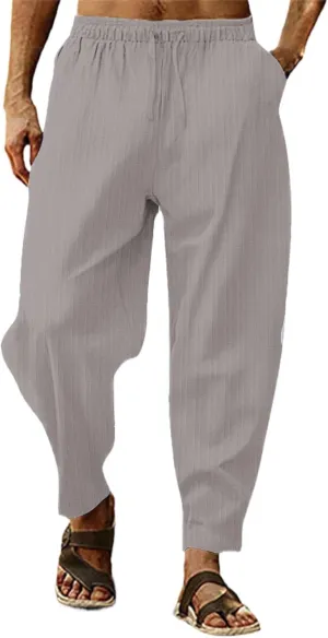 Mens White Linen Casual Pants Elastic Waist Loose Fit Straight-Legs Stretchy Summer Beach Long Baggy Yoga Trousers