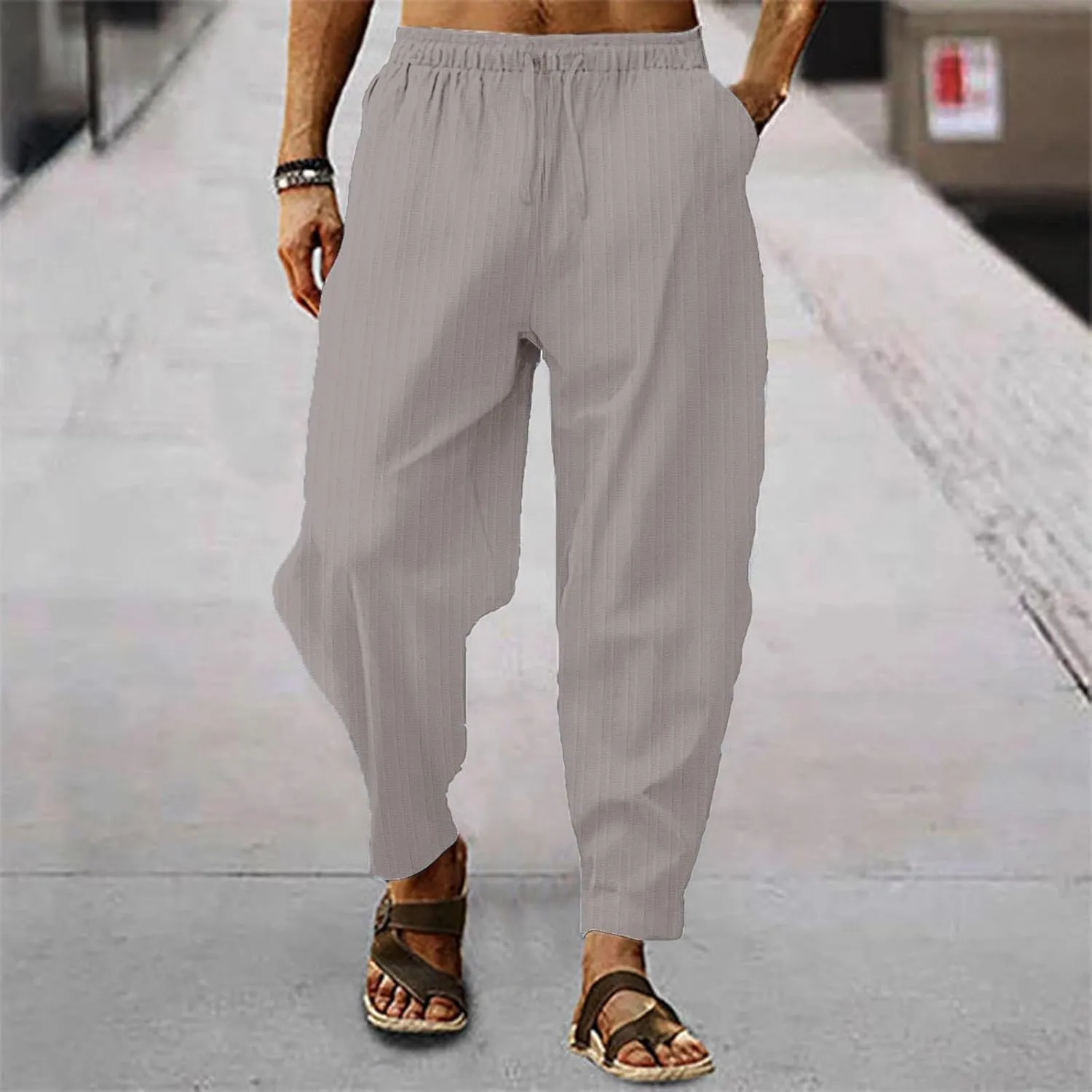 Mens White Linen Casual Pants Elastic Waist Loose Fit Straight-Legs Stretchy Summer Beach Long Baggy Yoga Trousers