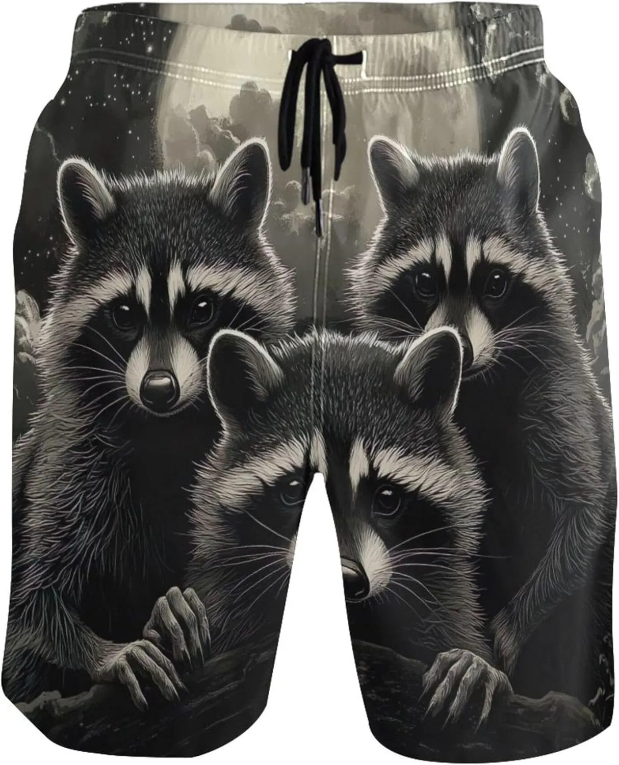 Moonlight Raccoons Grey Beach Casual Shorts Mens Swim Trunks Funny Hawaiian Bathing Suit with Liner S
