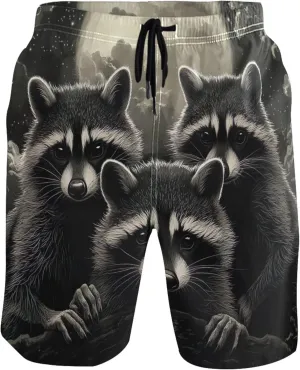 Moonlight Raccoons Grey Beach Casual Shorts Mens Swim Trunks Funny Hawaiian Bathing Suit with Liner S