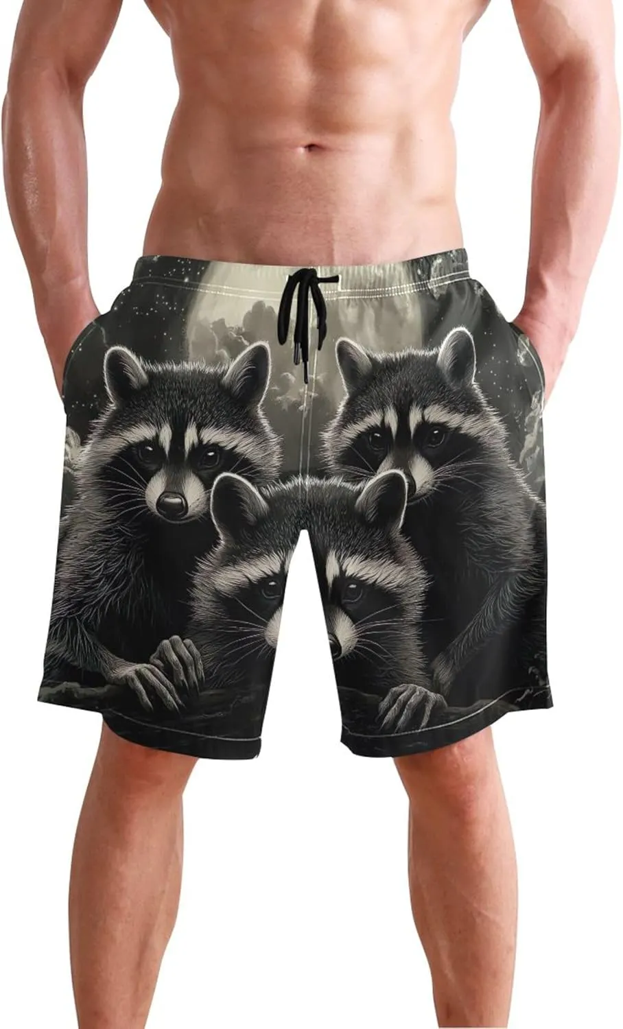 Moonlight Raccoons Grey Beach Casual Shorts Mens Swim Trunks Funny Hawaiian Bathing Suit with Liner S