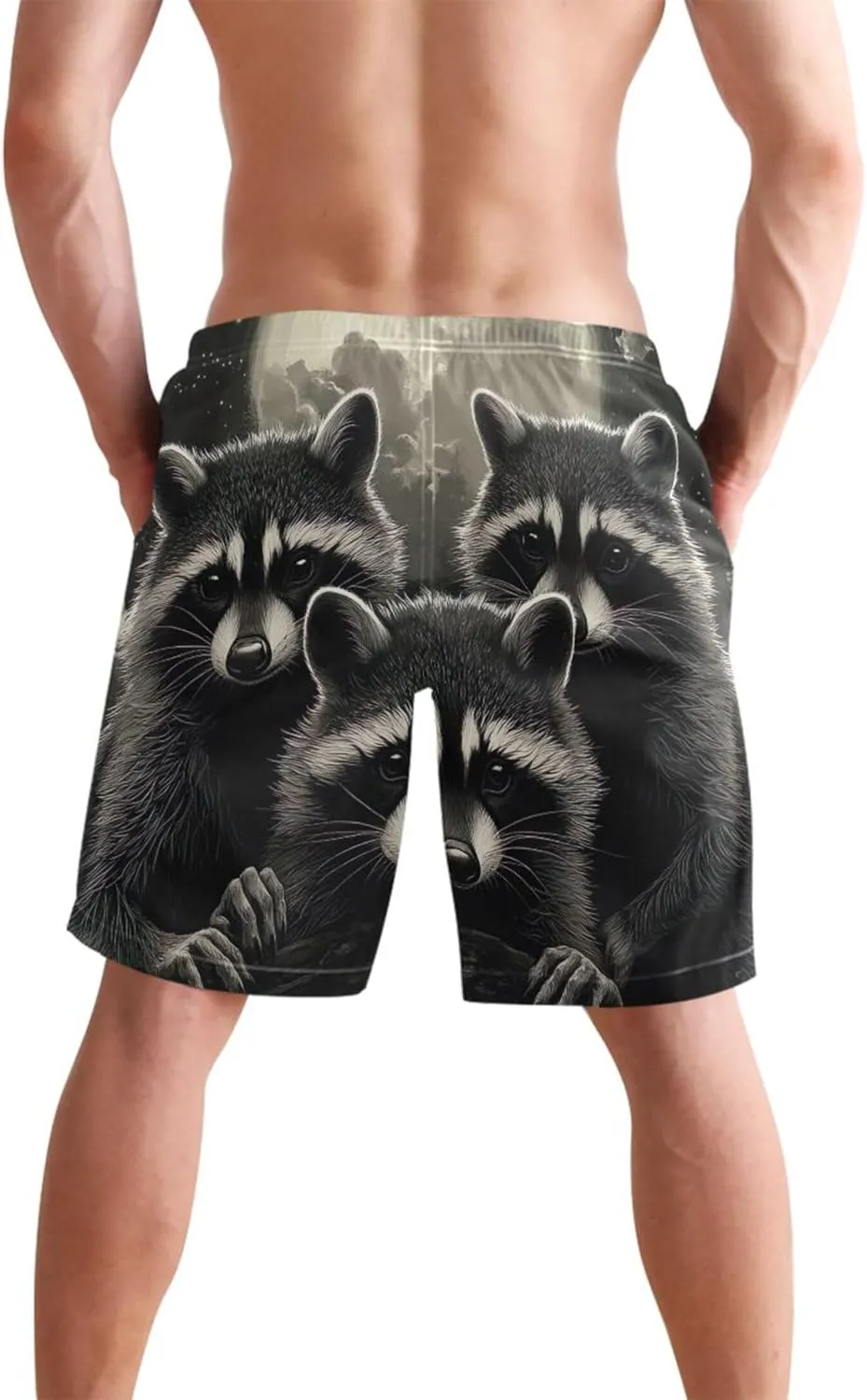 Moonlight Raccoons Grey Beach Casual Shorts Mens Swim Trunks Funny Hawaiian Bathing Suit with Liner S