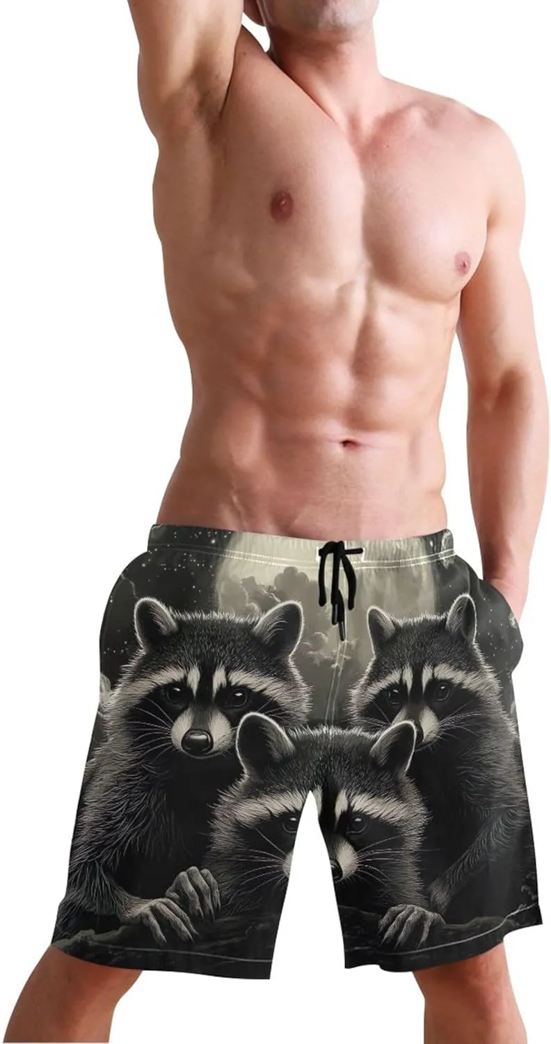 Moonlight Raccoons Grey Beach Casual Shorts Mens Swim Trunks Funny Hawaiian Bathing Suit with Liner S