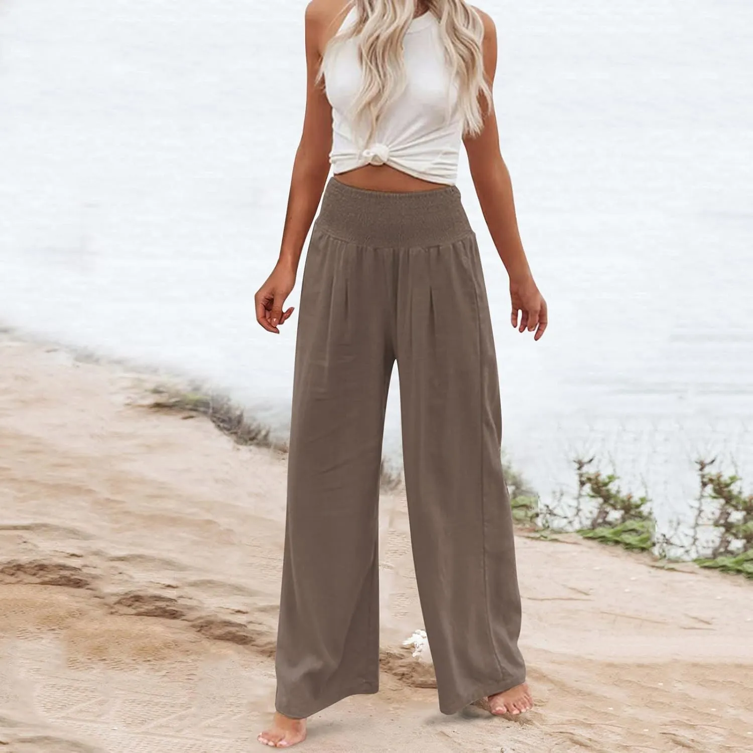 Muyise Cotton Linen Wide Leg Pants for Women Plus Size High Waist Summer Work Smocked Palazzo Lounge Trousers with Pockets