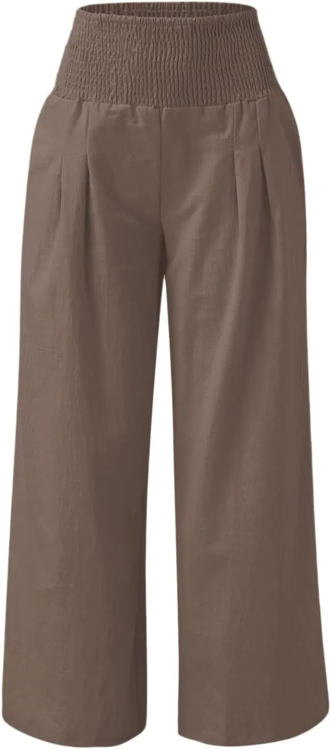 Muyise Cotton Linen Wide Leg Pants for Women Plus Size High Waist Summer Work Smocked Palazzo Lounge Trousers with Pockets