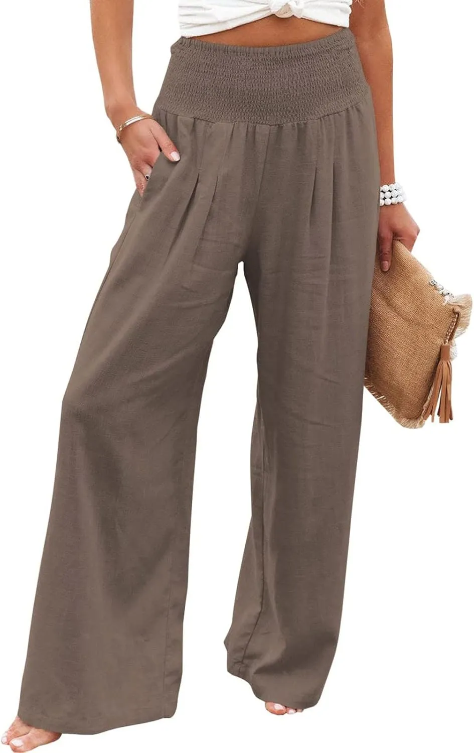 Muyise Cotton Linen Wide Leg Pants for Women Plus Size High Waist Summer Work Smocked Palazzo Lounge Trousers with Pockets