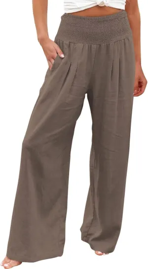 Muyise Cotton Linen Wide Leg Pants for Women Plus Size High Waist Summer Work Smocked Palazzo Lounge Trousers with Pockets