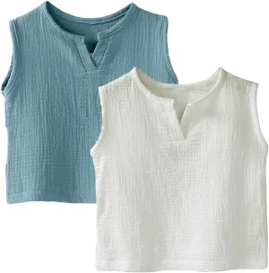 MYGBCPJS Boys Girls 2 Pack Cotton Linen Tank Top Toddler Kids Sleeveless Crewneck Vest Tee Shirt Baby Summer Solid Tshirt