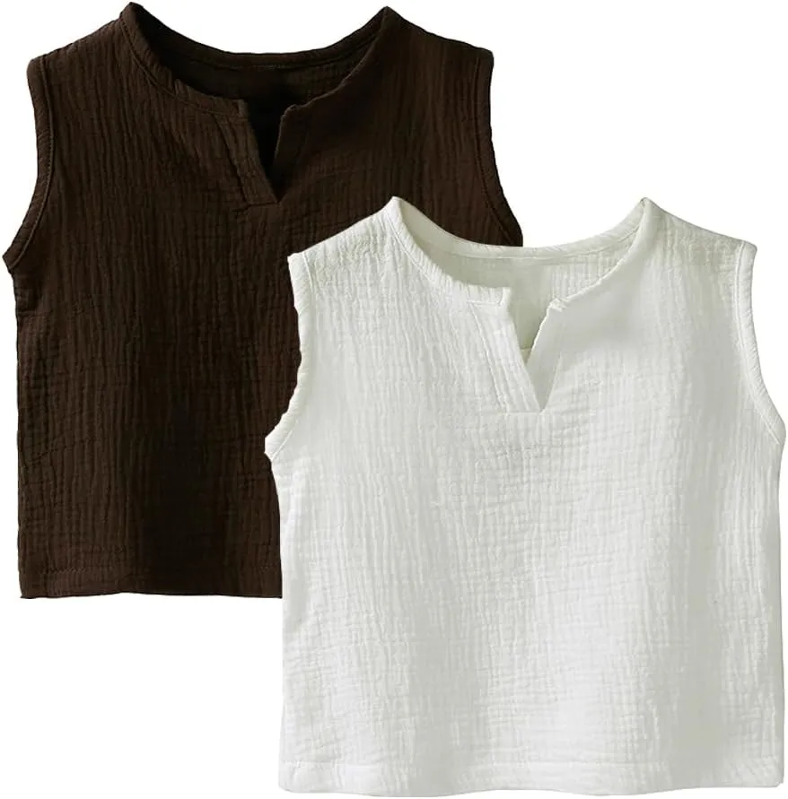 MYGBCPJS Boys Girls 2 Pack Cotton Linen Tank Top Toddler Kids Sleeveless Crewneck Vest Tee Shirt Baby Summer Solid Tshirt
