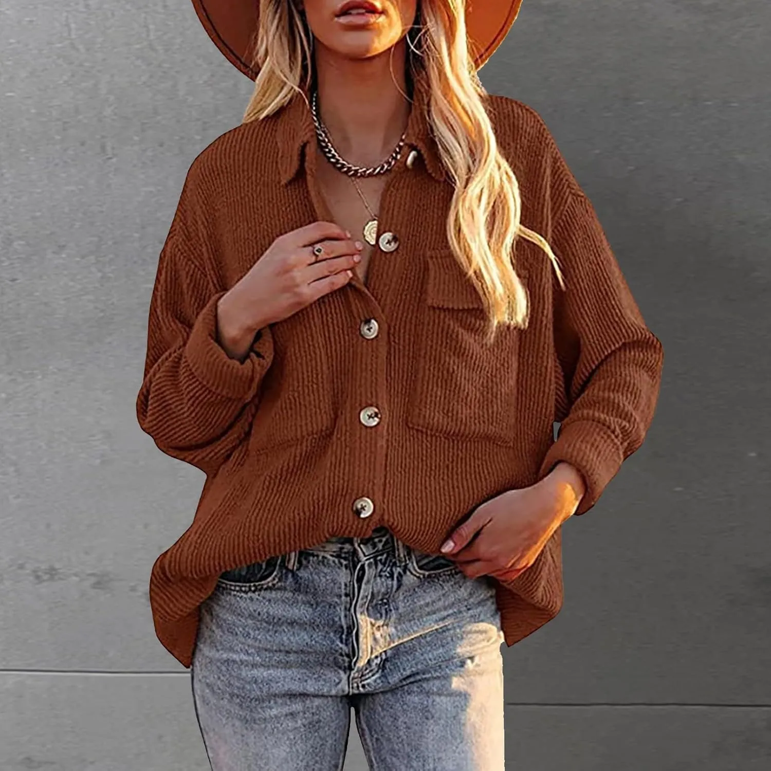 Oversize Corduroy Jacket for Womens Button Lapel Solid Long Sleeve Shirts Shacket Jacket Tops Boyfriend Style Coat