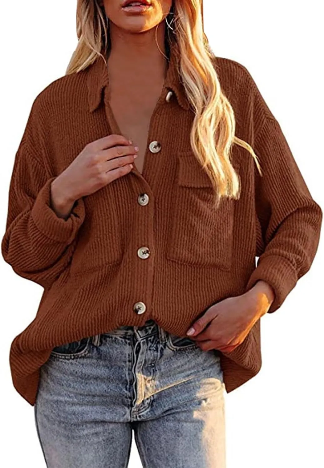 Oversize Corduroy Jacket for Womens Button Lapel Solid Long Sleeve Shirts Shacket Jacket Tops Boyfriend Style Coat