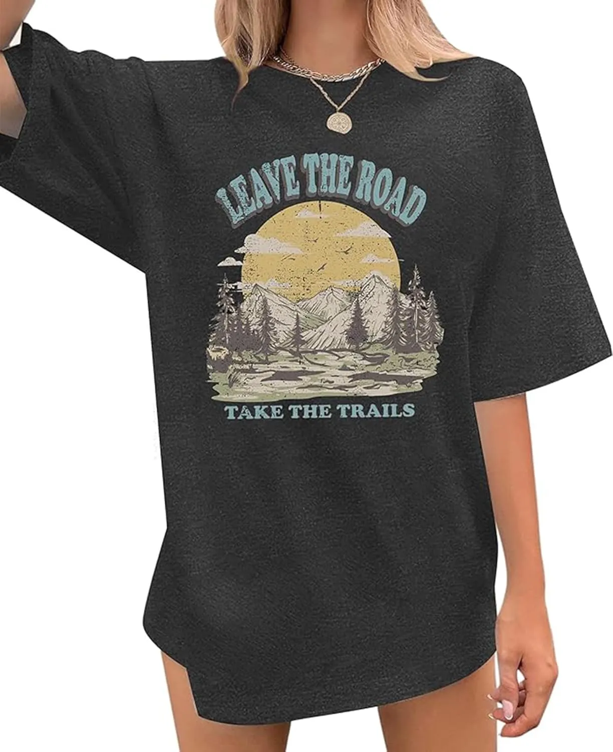 Oversized Find Your Road T-Shirt for Women Hiking Camping Shirt Faith Move Mountain Graphic T Shirts