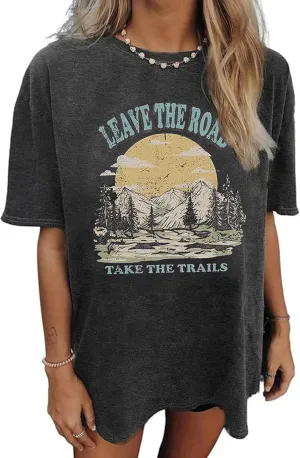 Oversized Find Your Road T-Shirt for Women Hiking Camping Shirt Faith Move Mountain Graphic T Shirts