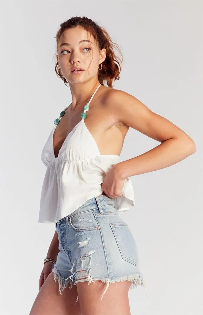 PacSun Women's Light Indigo Ripped Button Fly High Waisted Denim Festival Shorts