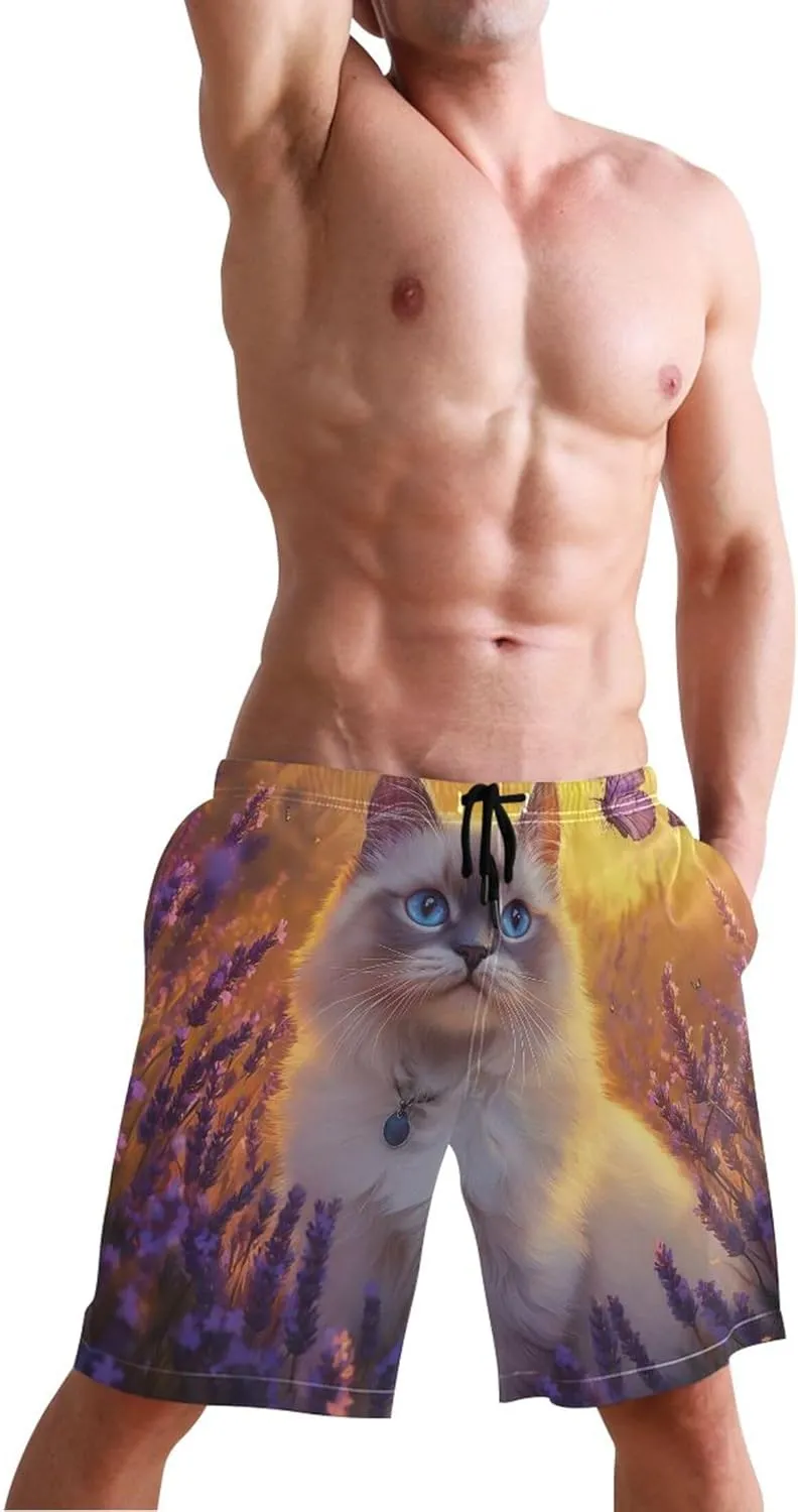 Personalized Cute Swim Trunks Men Cute Ragdoll Cat Purple Beach Casual Shorts Elastic Quick Dry S