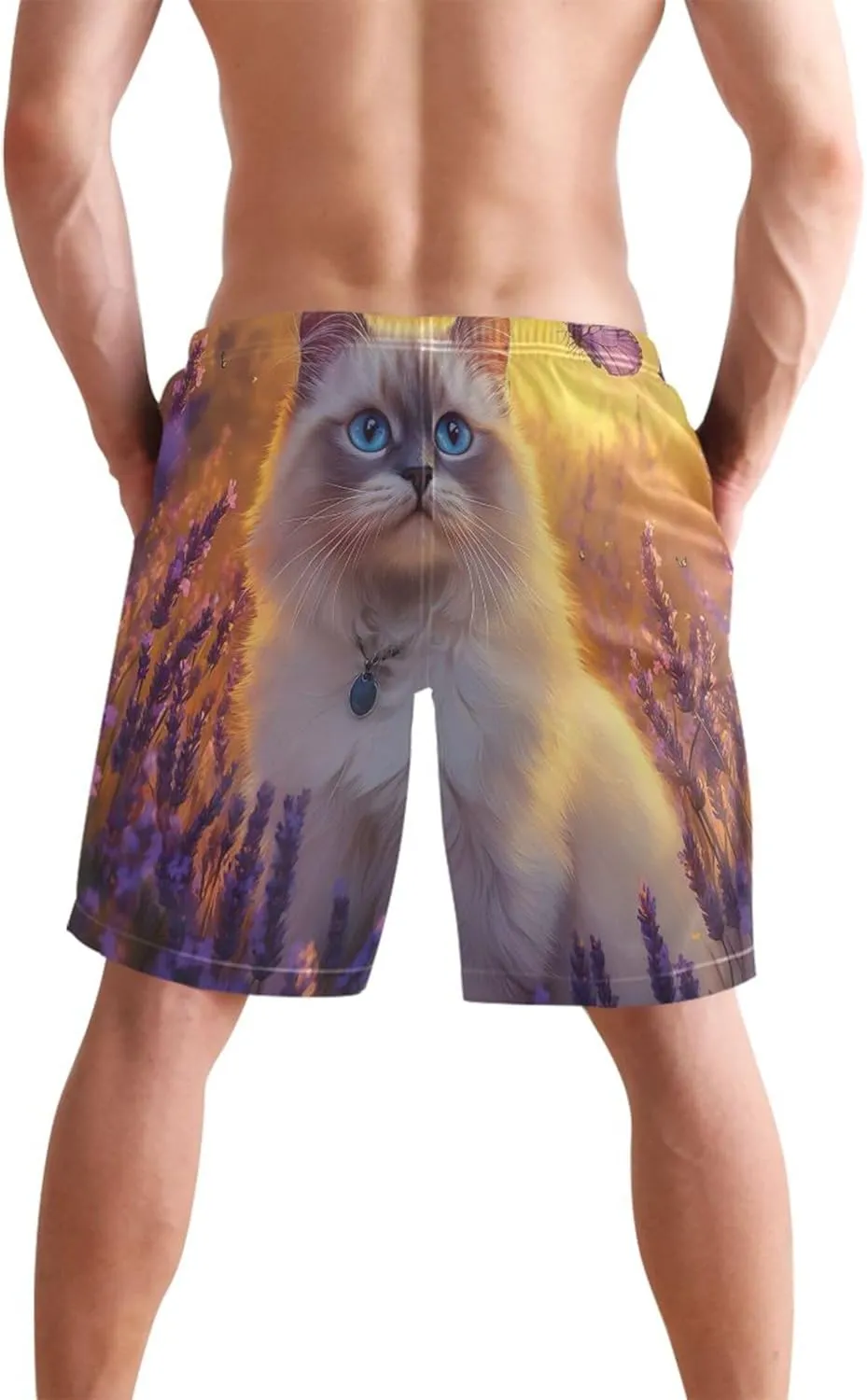 Personalized Cute Swim Trunks Men Cute Ragdoll Cat Purple Beach Casual Shorts Elastic Quick Dry S