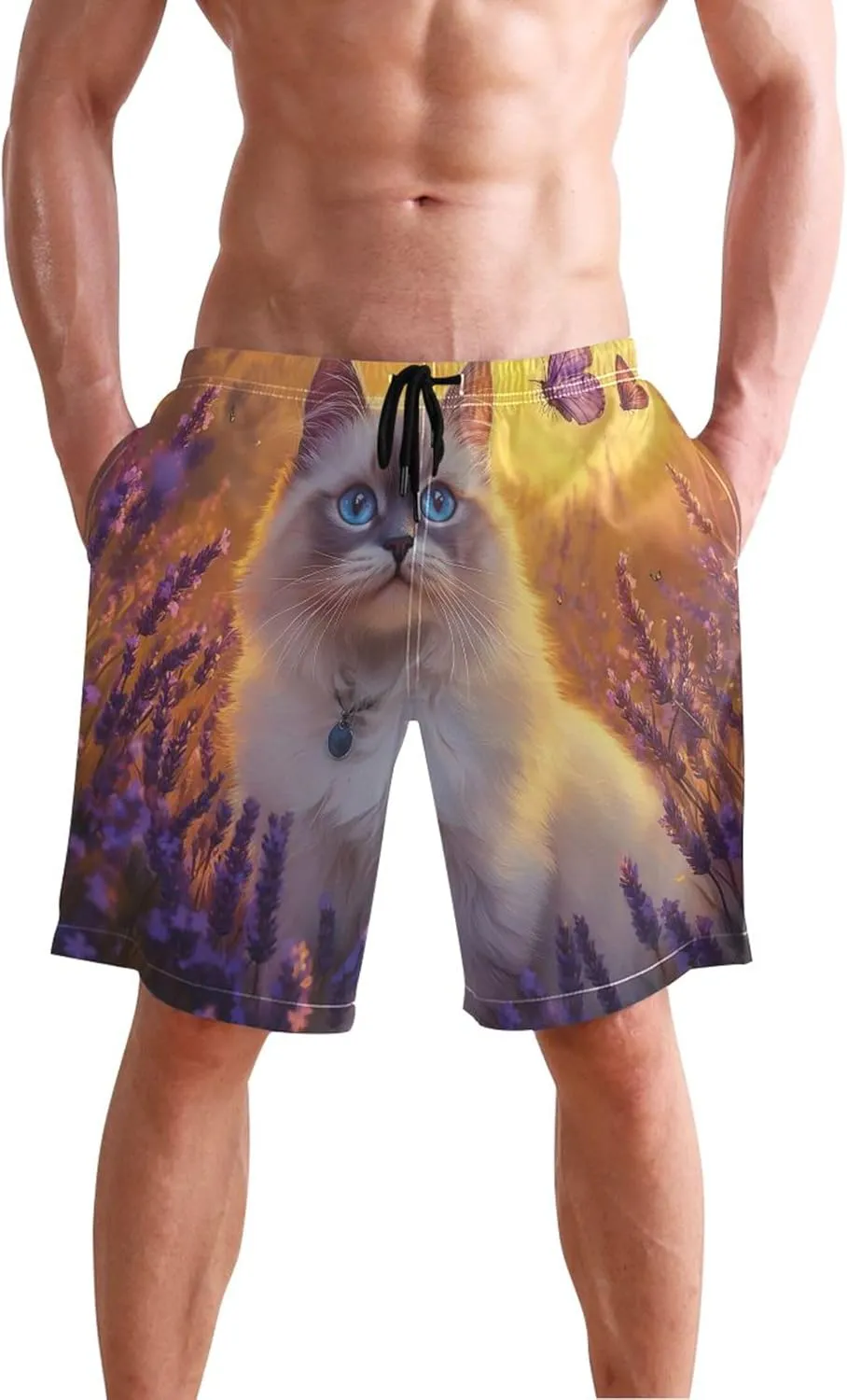 Personalized Cute Swim Trunks Men Cute Ragdoll Cat Purple Beach Casual Shorts Elastic Quick Dry S