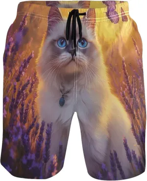 Personalized Cute Swim Trunks Men Cute Ragdoll Cat Purple Beach Casual Shorts Elastic Quick Dry S