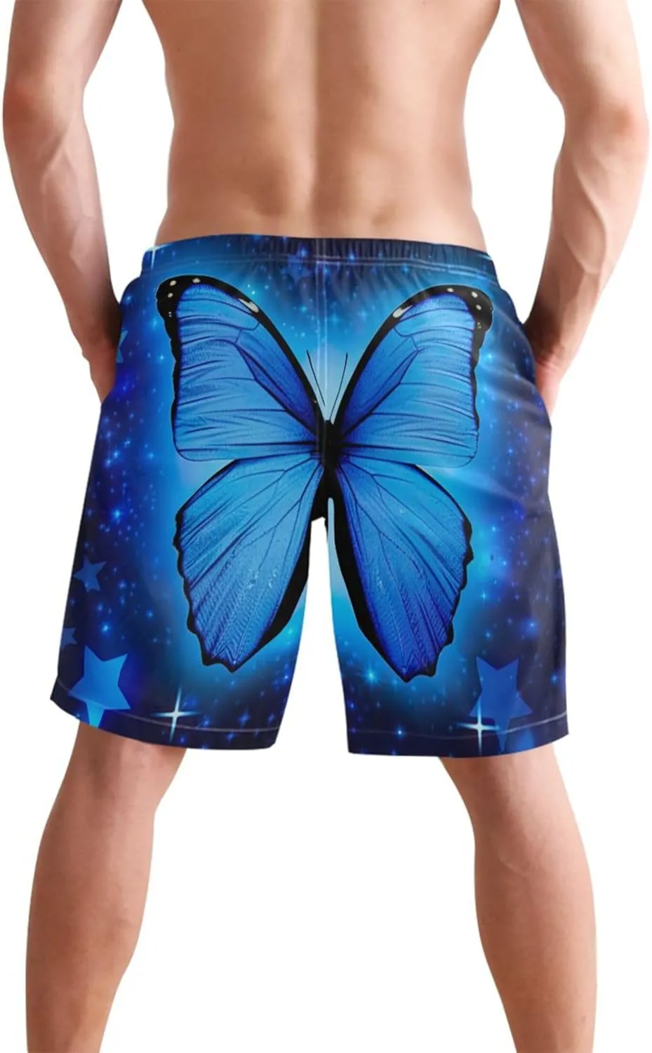 Personalized Men's Swim Trunks Funny Blue Butterfly Stars Beach Casual Shorts Quick Dry Elastic Shorts S