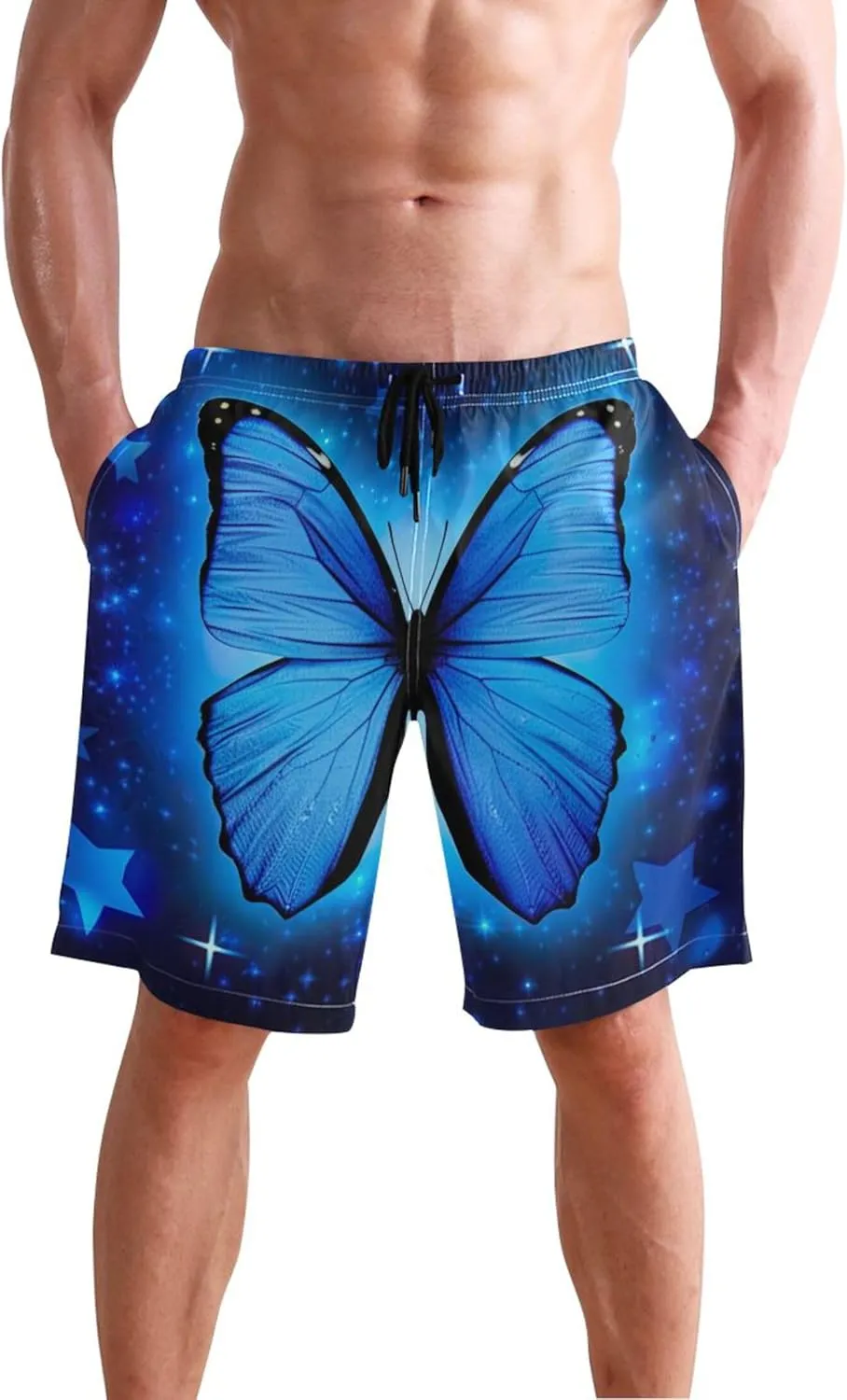 Personalized Men's Swim Trunks Funny Blue Butterfly Stars Beach Casual Shorts Quick Dry Elastic Shorts S