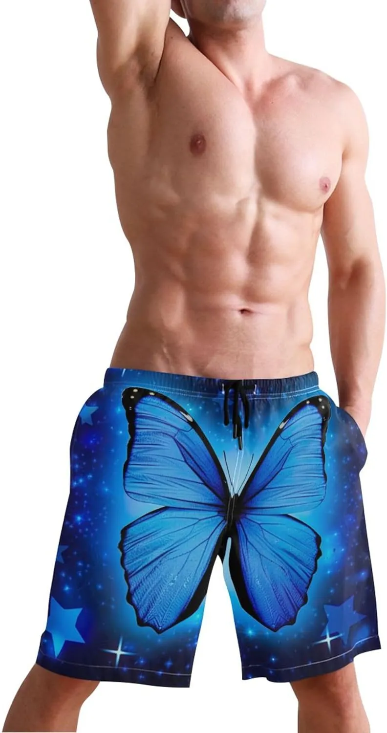 Personalized Men's Swim Trunks Funny Blue Butterfly Stars Beach Casual Shorts Quick Dry Elastic Shorts S
