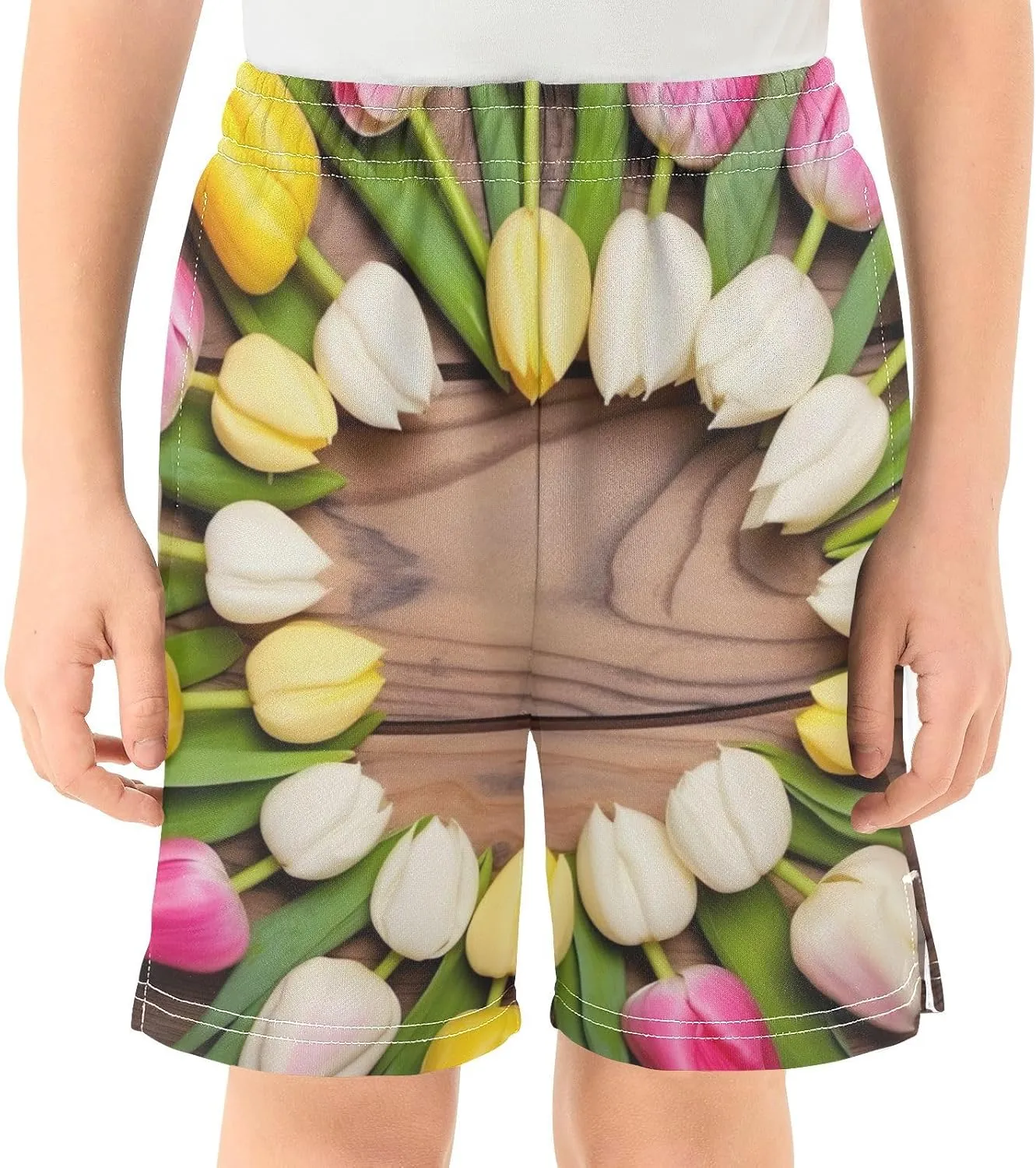 Pink Yellow Tulips Wood Boy's Lightweight Casual Shorts Summer Athletic Shorts with Pockets for Hiking Outdoor