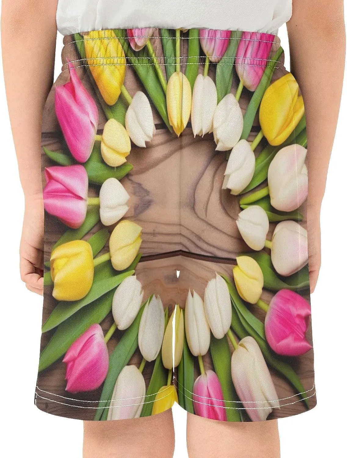 Pink Yellow Tulips Wood Boy's Lightweight Casual Shorts Summer Athletic Shorts with Pockets for Hiking Outdoor