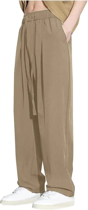 Plus Size Pants for Men Elastic Waist Drawstring Straight Leg Lounge Pant Casual Solid Loose Trousers with Pockets