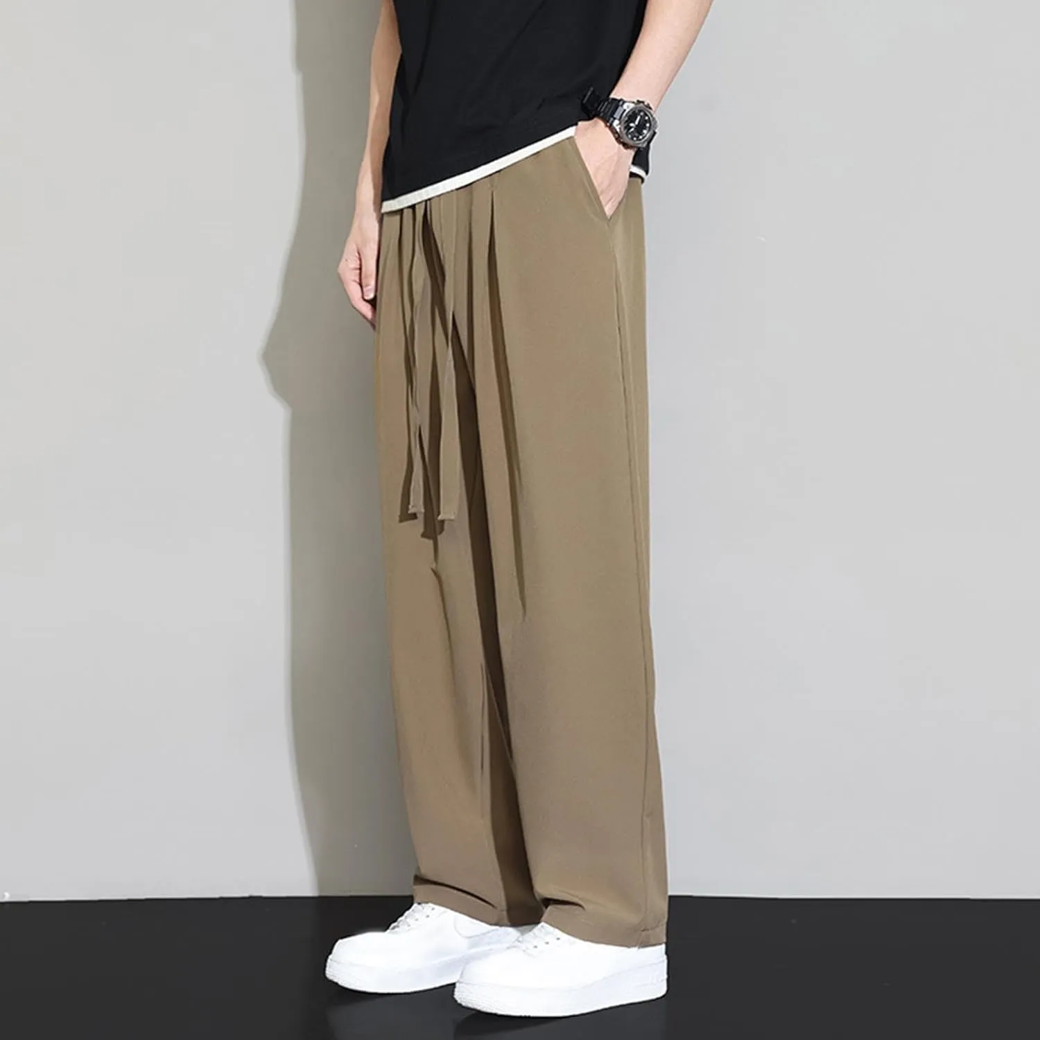Plus Size Pants for Men Elastic Waist Drawstring Straight Leg Lounge Pant Casual Solid Loose Trousers with Pockets