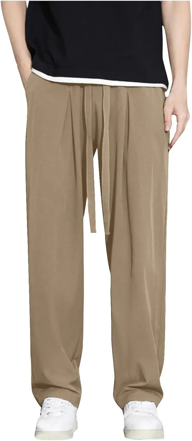 Plus Size Pants for Men Elastic Waist Drawstring Straight Leg Lounge Pant Casual Solid Loose Trousers with Pockets