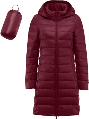 Puffer Jacket for Women Full-Zip Hoodie Down Light Insulated Mid Long Jacket Winter Warm Travel Outwear Puffer Coat