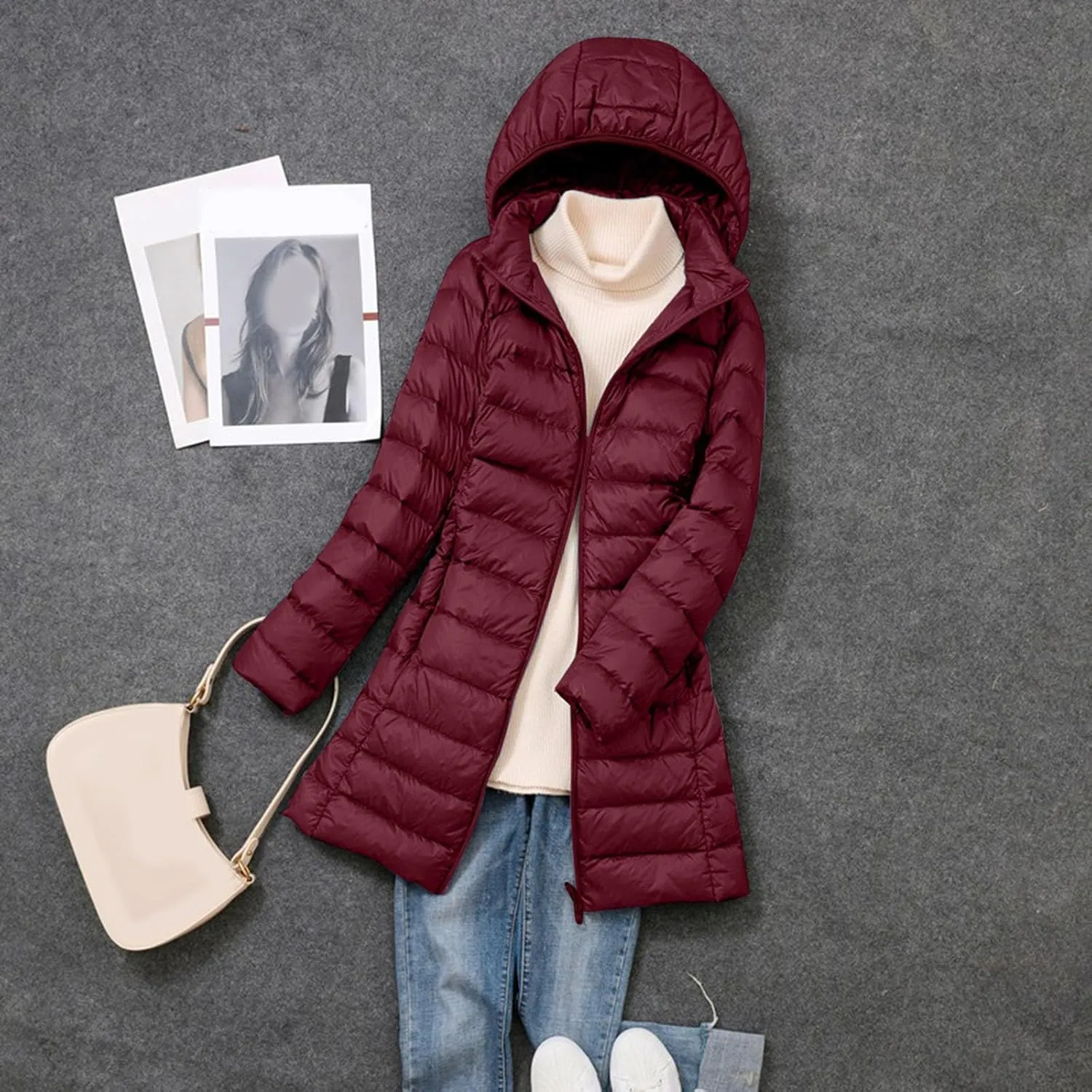 Puffer Jacket for Women Full-Zip Hoodie Down Light Insulated Mid Long Jacket Winter Warm Travel Outwear Puffer Coat