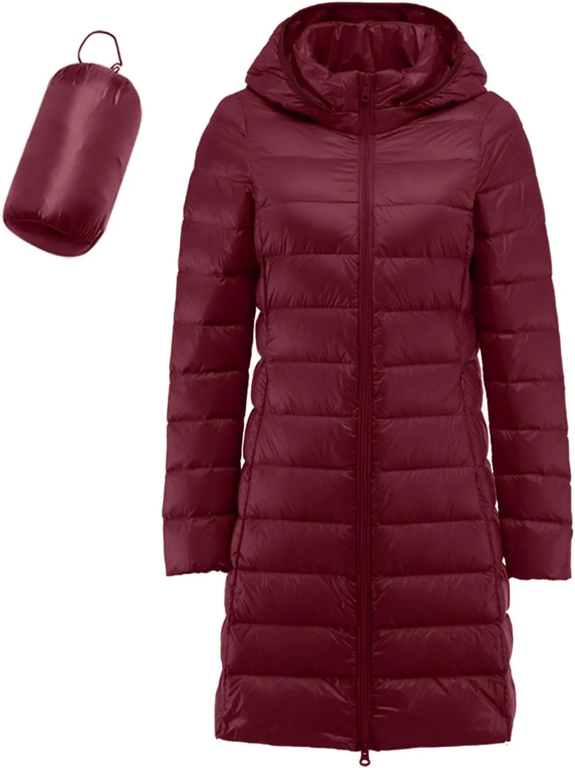 Puffer Jacket for Women Full-Zip Hoodie Down Light Insulated Mid Long Jacket Winter Warm Travel Outwear Puffer Coat
