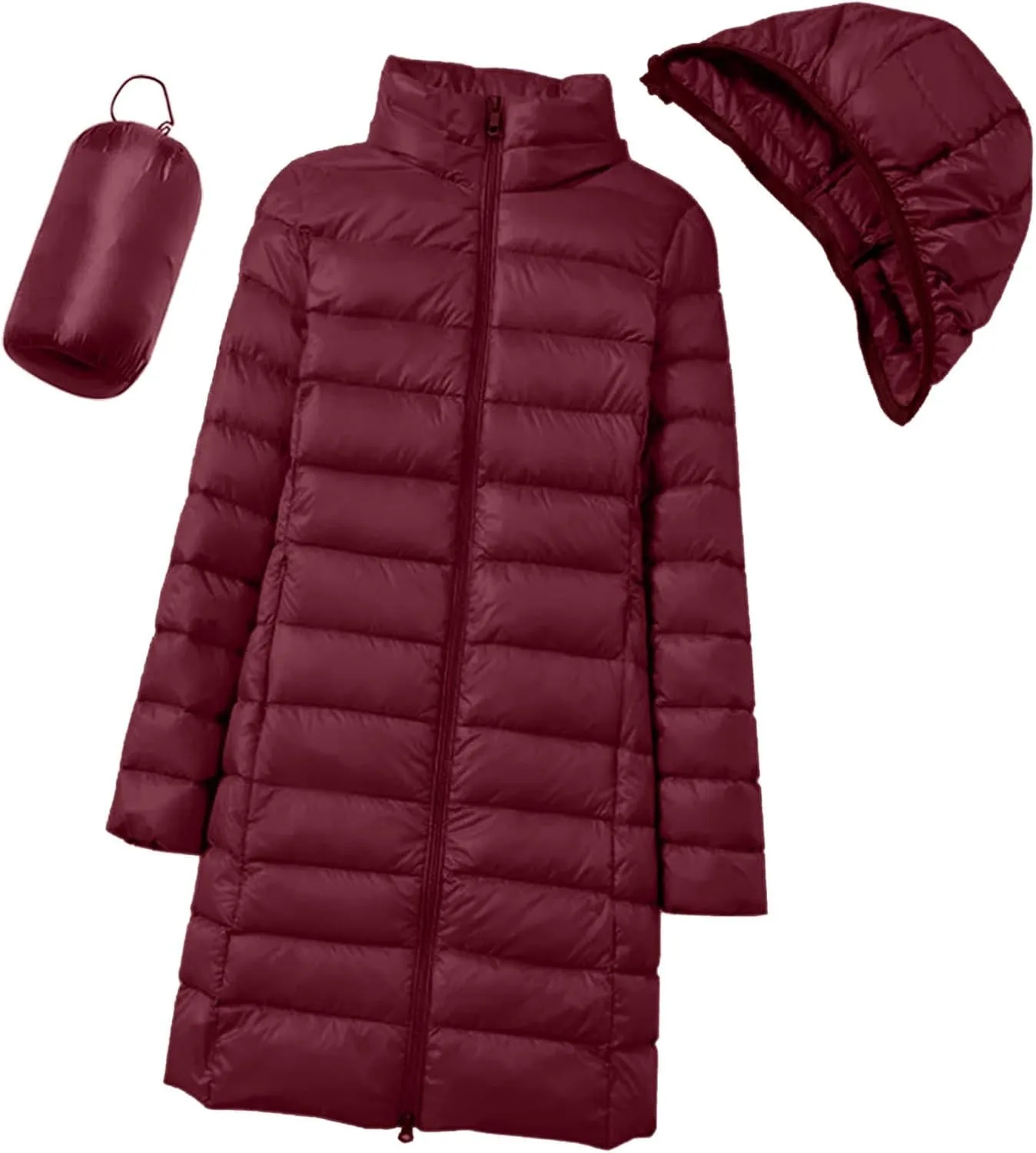 Puffer Jacket for Women Full-Zip Hoodie Down Light Insulated Mid Long Jacket Winter Warm Travel Outwear Puffer Coat