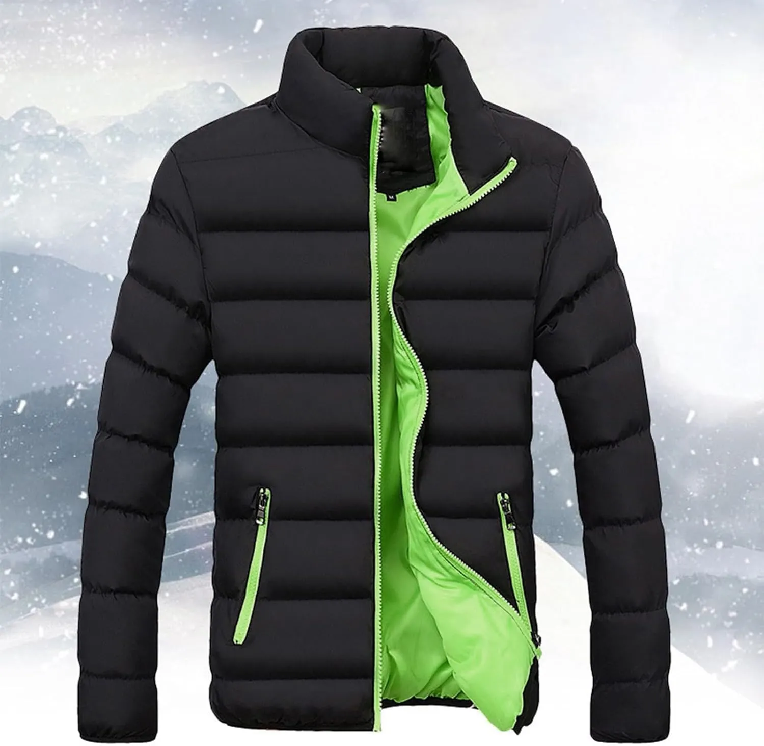 Puffer Jacket Men Fall Winter Warm Quilted Jacket Lightweight Long Sleeve Down Coat Casual Zip Up Stand Collar Outwear