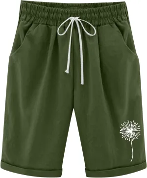 QWENTMTNTY Womens Cotton Linen Bermuda Shorts Elastic Waist Casual Summer Plus Size Shorts with Pockets Workout Beach Shorts