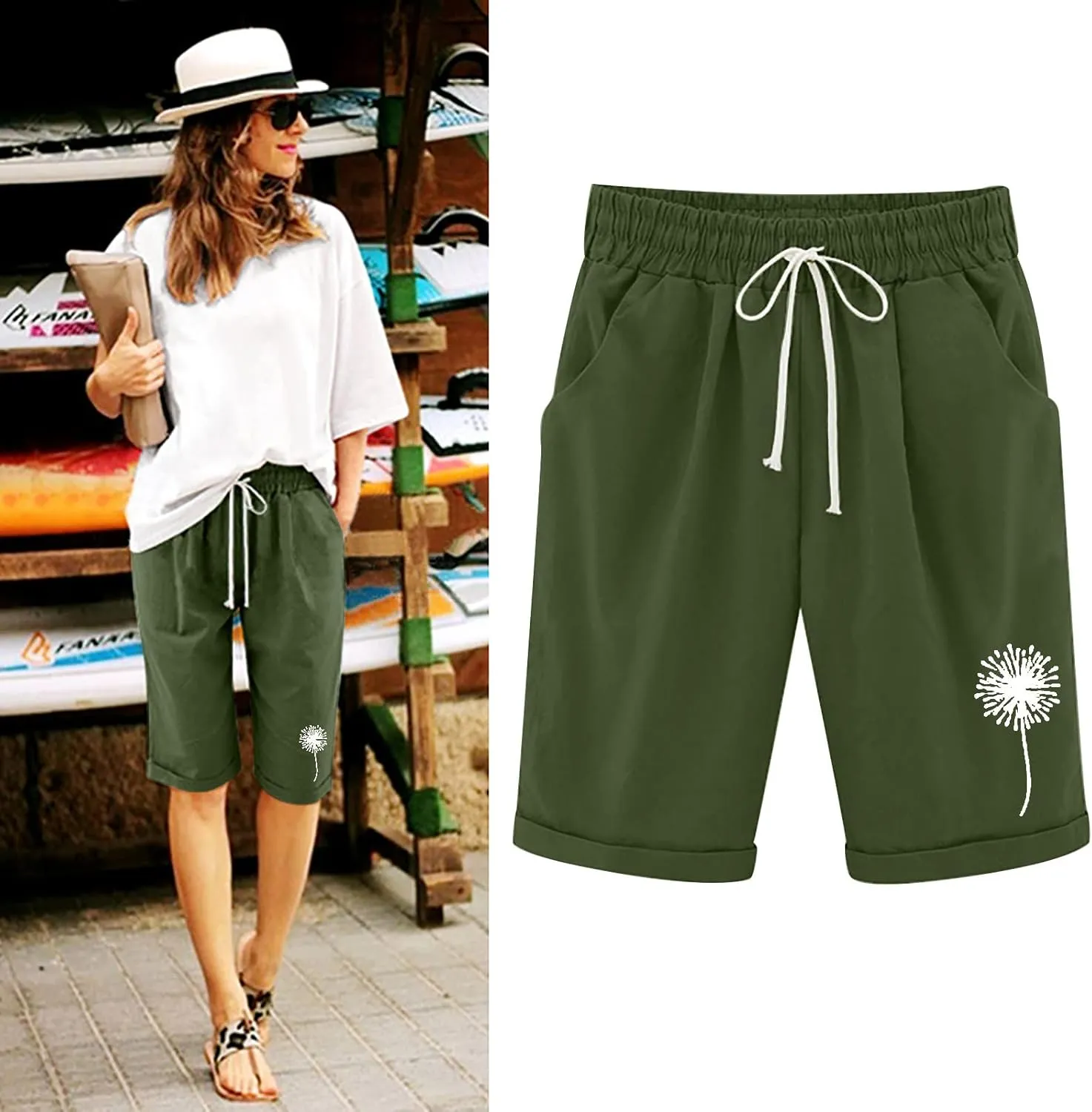 QWENTMTNTY Womens Cotton Linen Bermuda Shorts Elastic Waist Casual Summer Plus Size Shorts with Pockets Workout Beach Shorts