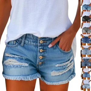 Ripped Jean Shorts Womens High Waisted Stretchy Distressed Denim Shorts Frayed Hem Cut Off Jeans Short with Pockets
