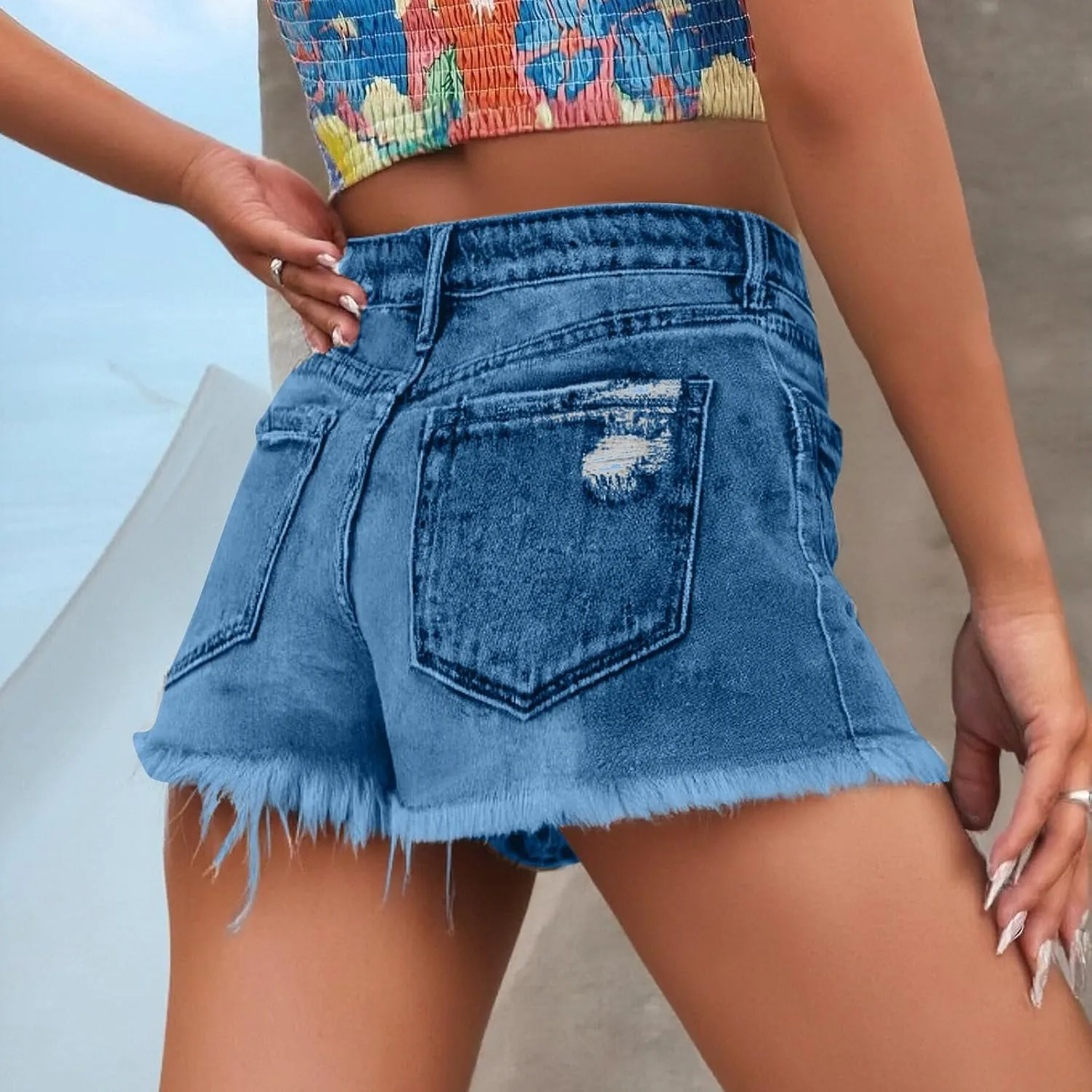 Ripped Jean Shorts Womens High Waisted Stretchy Distressed Denim Shorts Frayed Hem Cut Off Jeans Short with Pockets