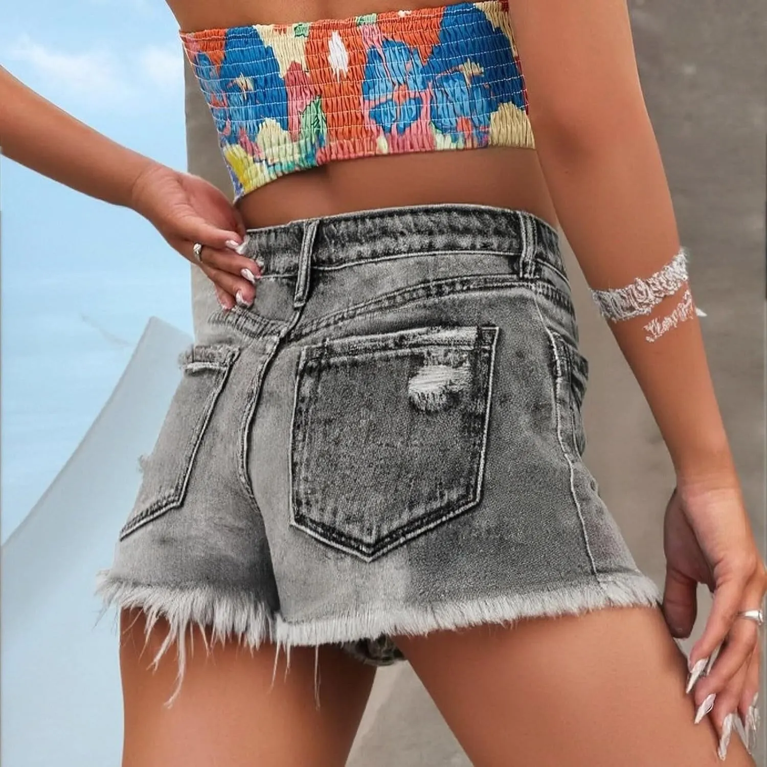 Ripped Jean Shorts Womens High Waisted Stretchy Distressed Denim Shorts Frayed Hem Cut Off Jeans Short with Pockets