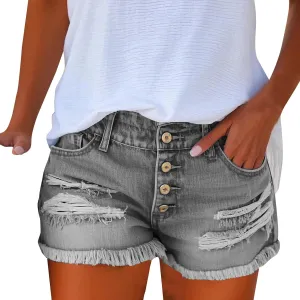 Ripped Jean Shorts Womens High Waisted Stretchy Distressed Denim Shorts Frayed Hem Cut Off Jeans Short with Pockets