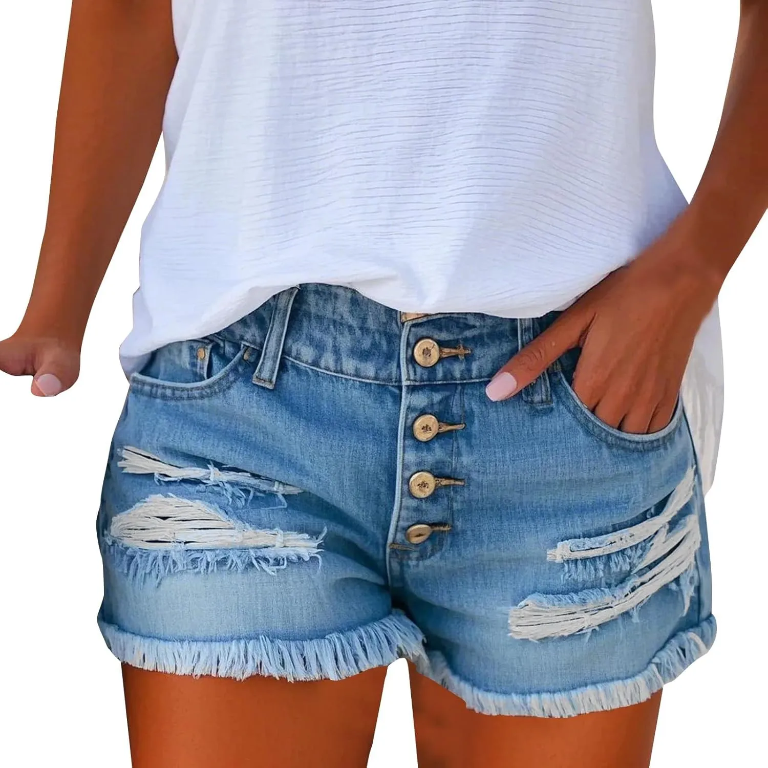 Ripped Jean Shorts Womens High Waisted Stretchy Distressed Denim Shorts Frayed Hem Cut Off Jeans Short with Pockets