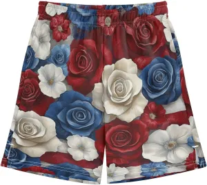 Rose Blossom Stripe Colorful Boy's Lightweight Casual Shorts Summer Athletic Shorts with Pockets for Outdoor Hiking