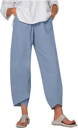 Ruziyoog Capri Pants for Women Casual Summer Cotton Linen Wide Leg Capris Elastic Waist Palazzo Cropped Comfy Baggy Trousers