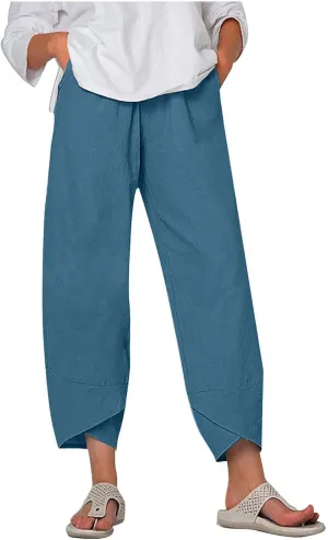 Ruziyoog Capri Pants for Women Casual Summer Cotton Linen Wide Leg Capris Elastic Waist Palazzo Cropped Comfy Baggy Trousers