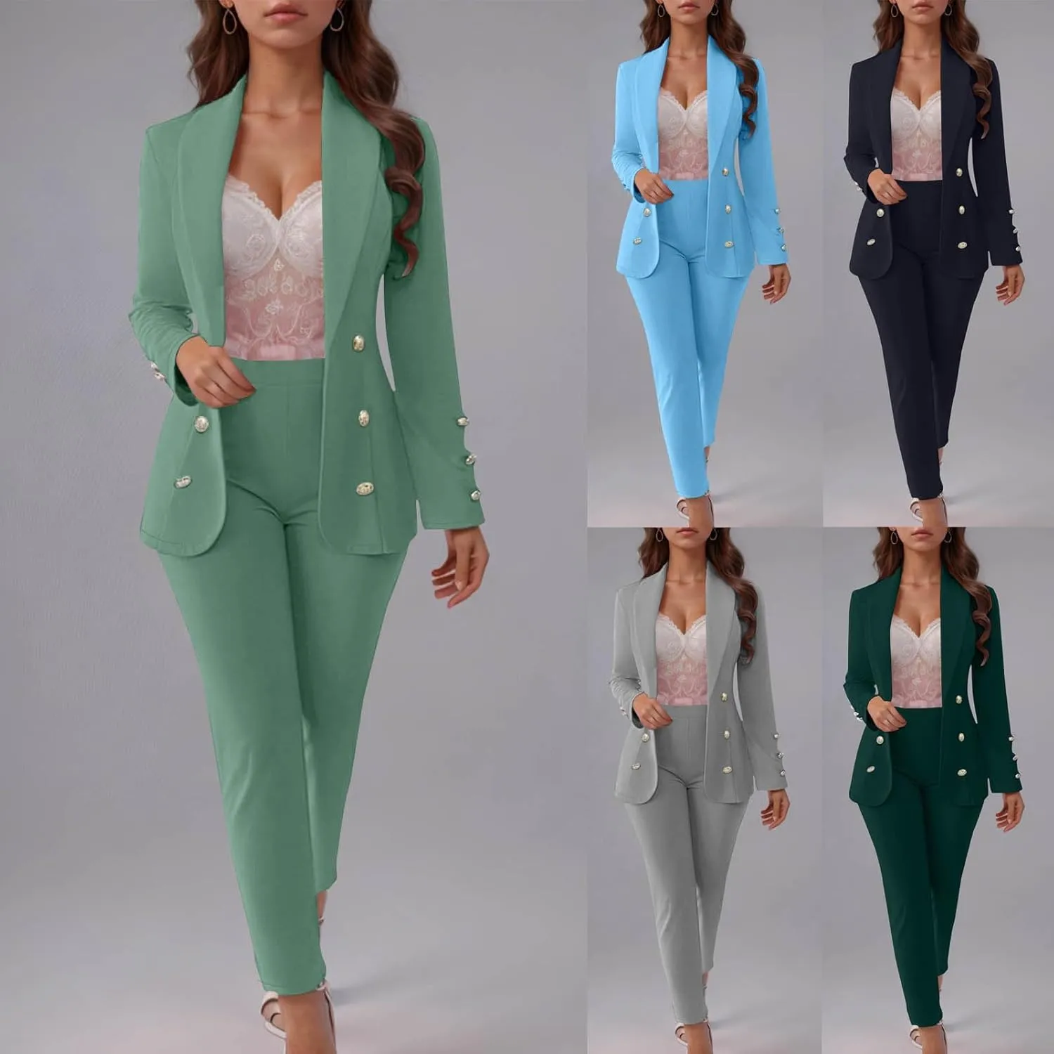 SACFOF Womens 2 Piece Blazer Set Long Sleeve Blazer and Pencil Pants Work Office Suit Set Business Casual Outfits