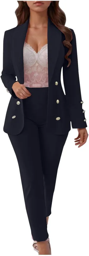 SACFOF Womens 2 Piece Blazer Set Long Sleeve Blazer and Pencil Pants Work Office Suit Set Business Casual Outfits