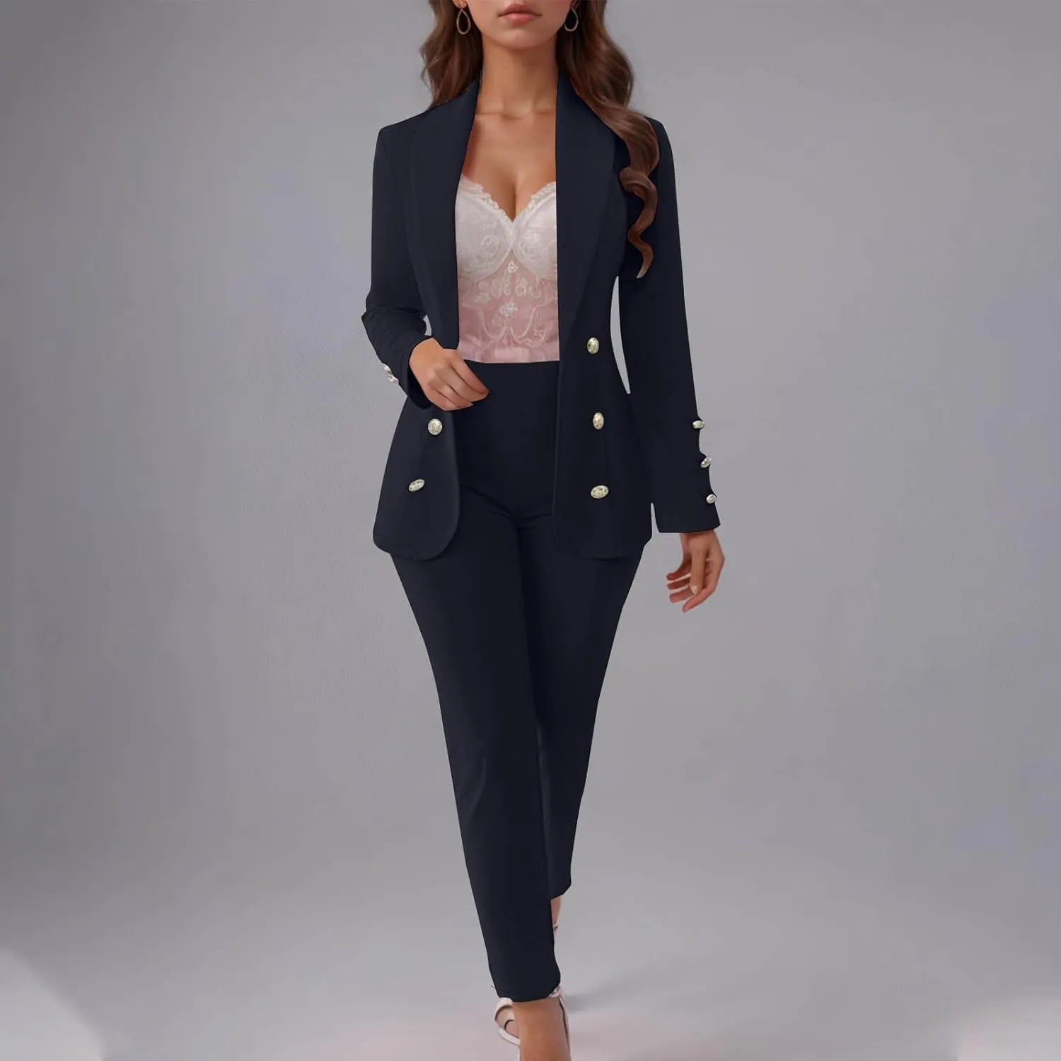 SACFOF Womens 2 Piece Blazer Set Long Sleeve Blazer and Pencil Pants Work Office Suit Set Business Casual Outfits