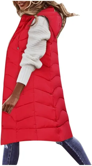 SACFOF Women's Long Puffer Vest Jacket Hoodies Full Zipper Sleeveless Down Coats Thickened Warm Windbreakers Outerwear