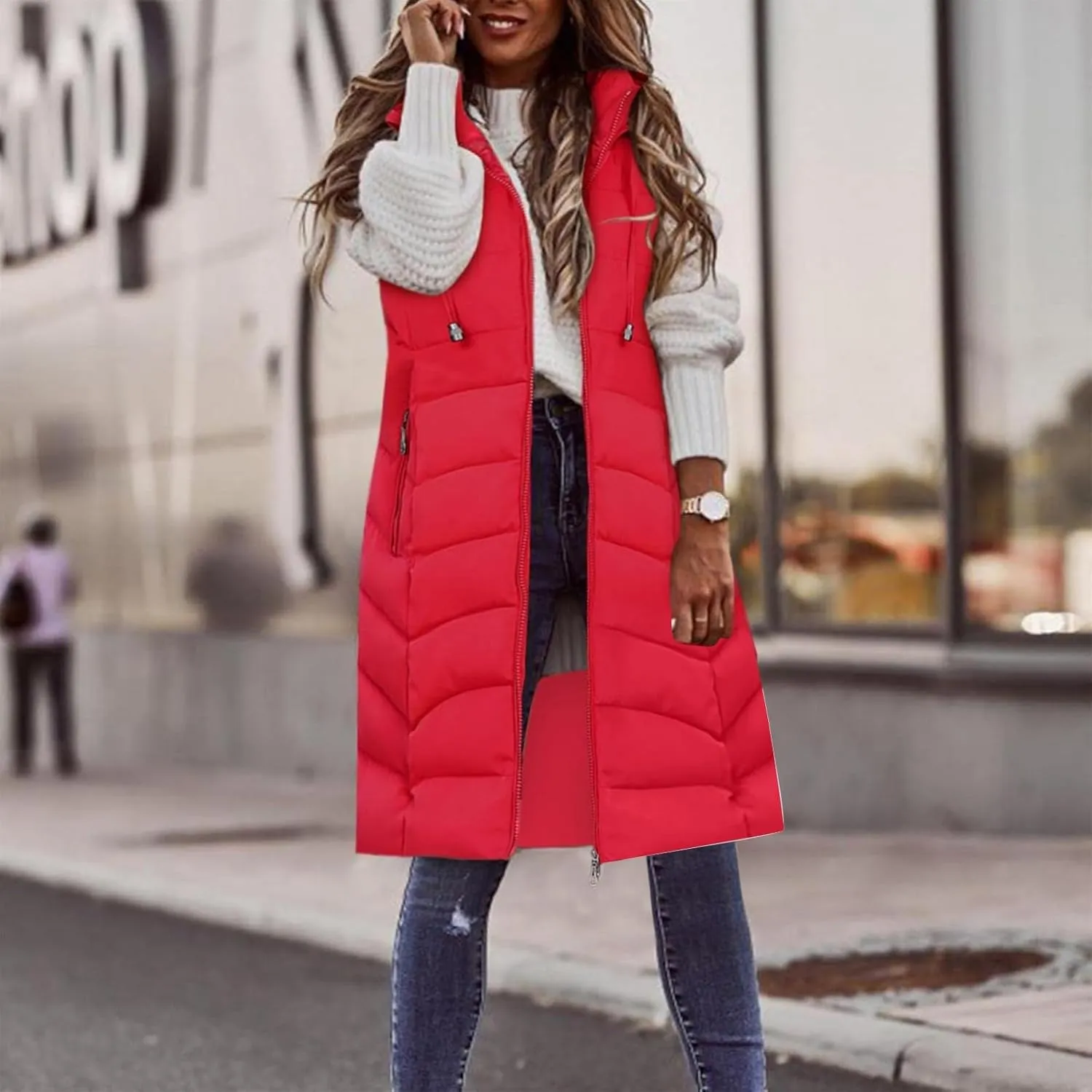 SACFOF Women's Long Puffer Vest Jacket Hoodies Full Zipper Sleeveless Down Coats Thickened Warm Windbreakers Outerwear